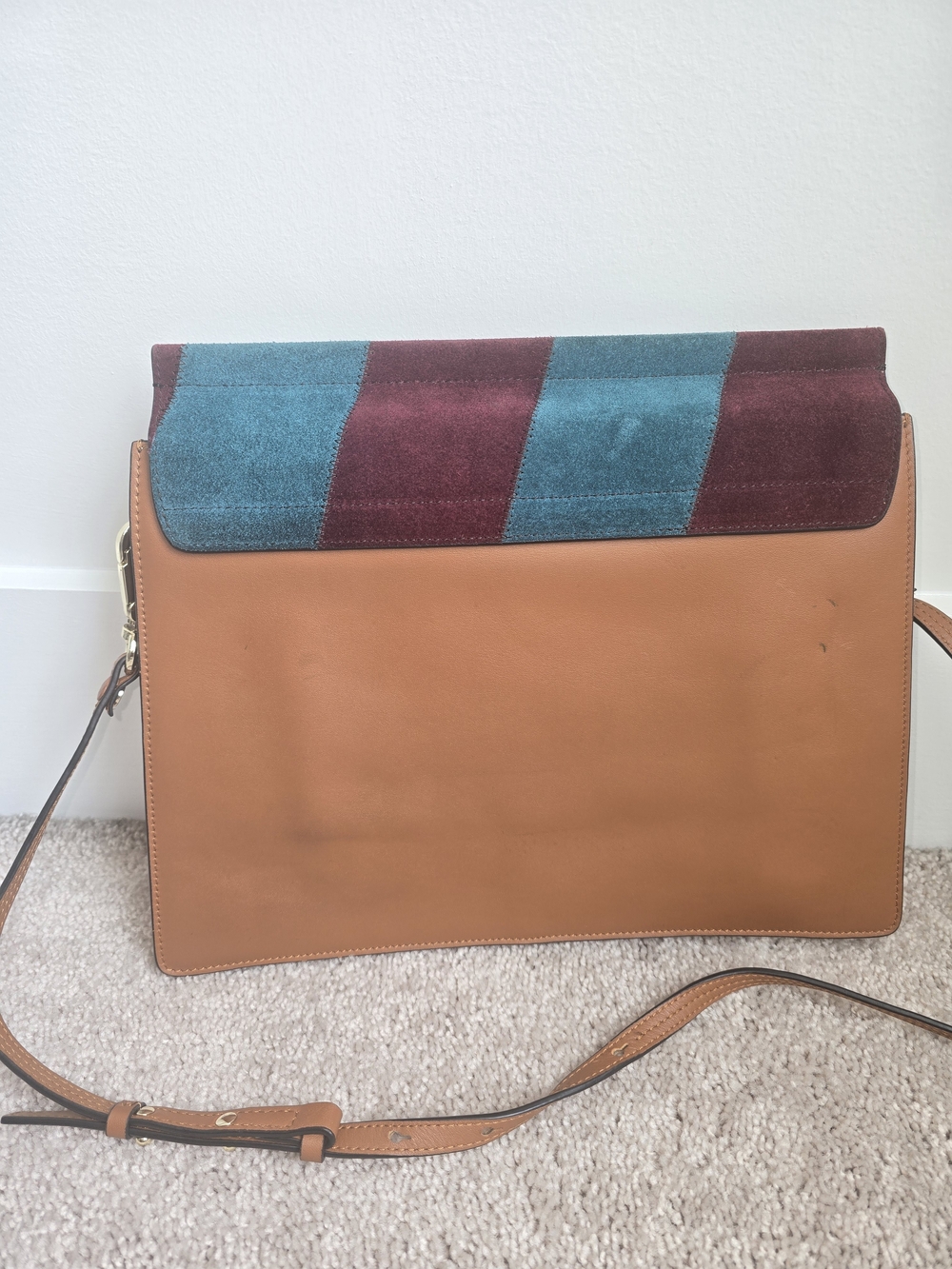Chloe Patchwork Suede and Leather Crossbody in Teal, Burgundy and Tan - Picture 2 of 6